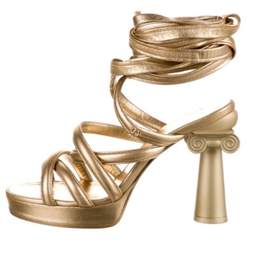 CHANEL Gold Metalic Greek Parthenon High Lace Heels